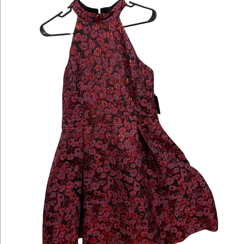 GUESS Magenta Floral Jacquard Metallic Fit and Flare Halter Mini Party Dress